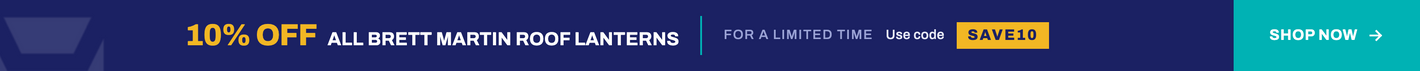 Promotional banner for all-brett martin roof lanterns featuring a 10% off discount, a limited time offer, and a saved badge, with a navy blue background and a call to action button on the right.