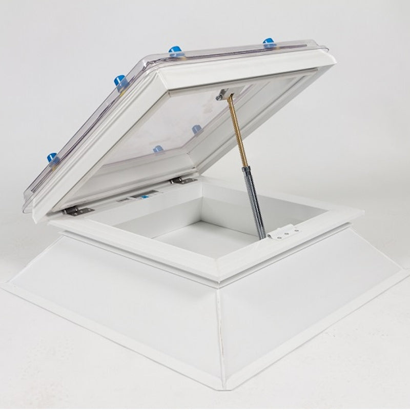 Coxdome Trade Range Dome Rooflight Manual Hinged Vent in an open position